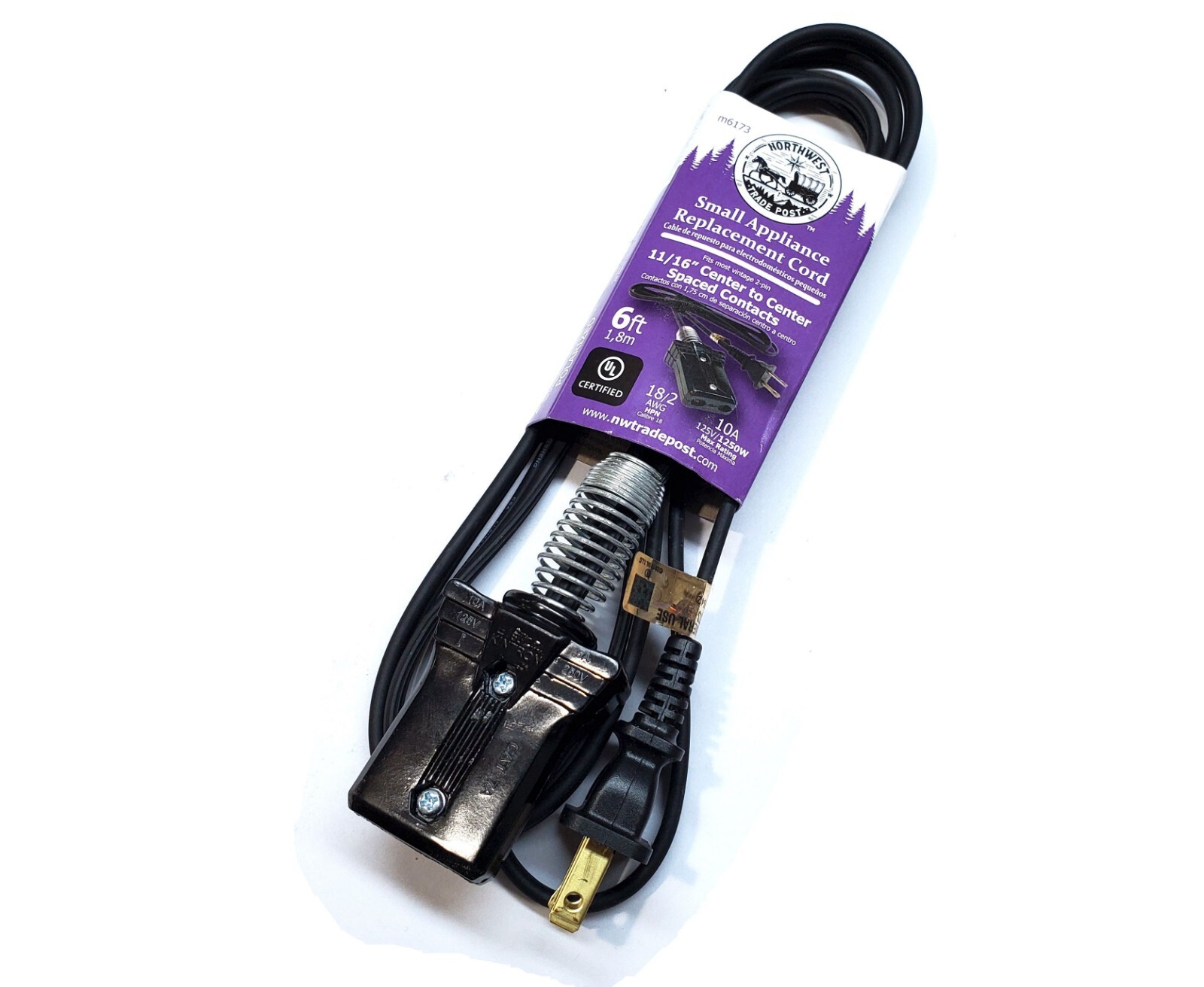 New 6' Vintage Appliance Replacement Power Cord 11/16" Center To Center Contacts