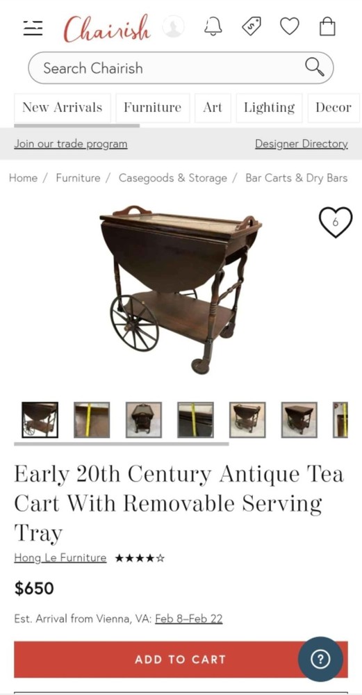 Antique solid oak bar cart with removable tray