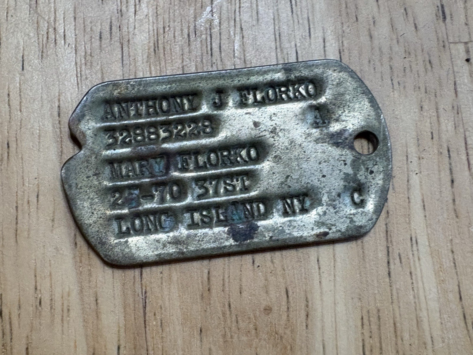 WWII US Dog Tag Anthony Florio, Long Island, New York