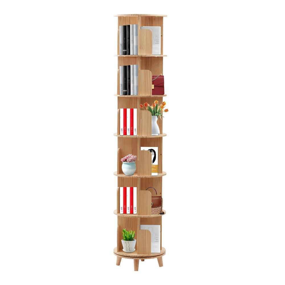 6 Tier Rotating Bookshelf 360 Display Book Shelf Tower Solid Wood Bookcase Shelf