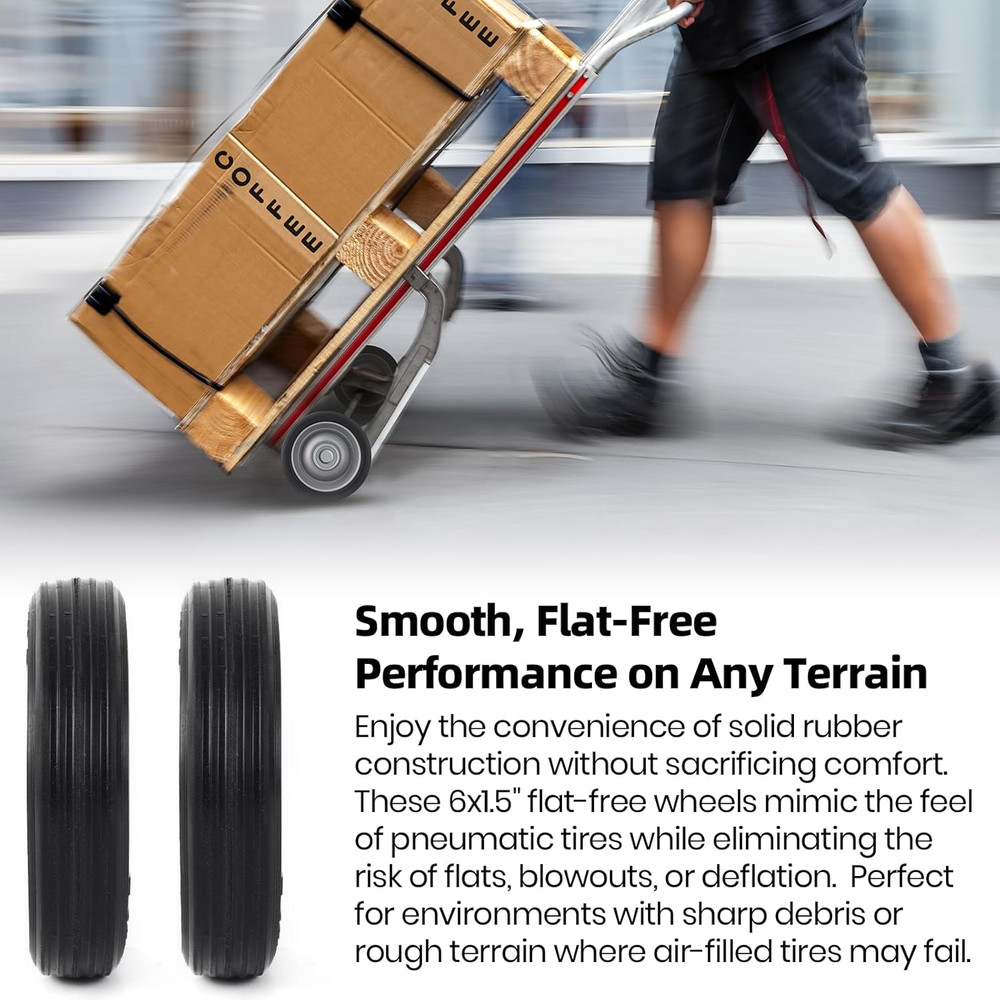 (2-Pack) 6” X 1.5” Flat Free Solid Rubber Wheel Assemblies - Replacement Hand T