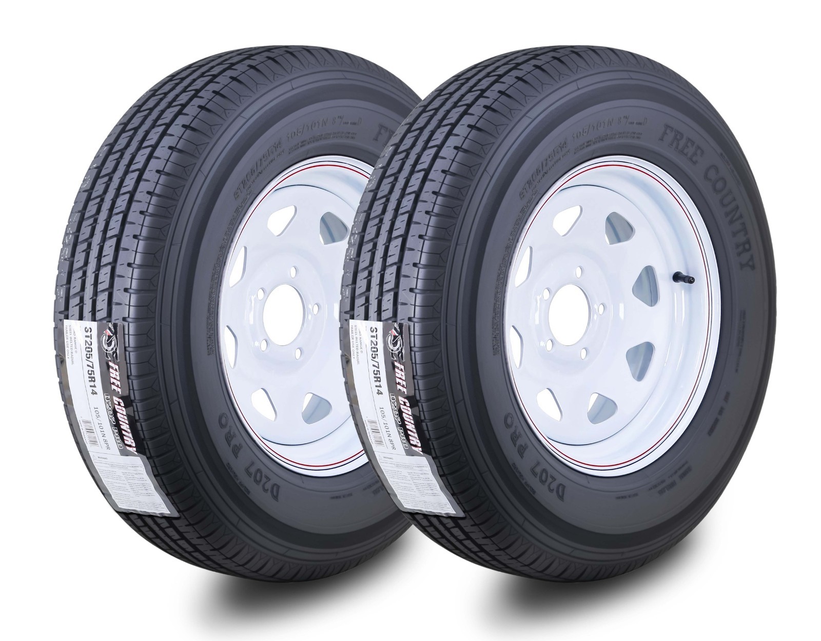 2 FC Trailer Tire Assembly ST205/75R14 8-Ply White Spoke Rim 5 Lug on 4.5"