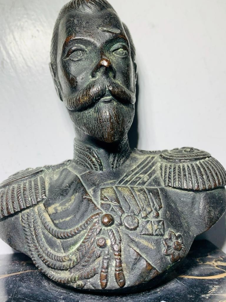 Antique Bronze Bust sculpture miniature Czar Nicholas II Black granite pedestal