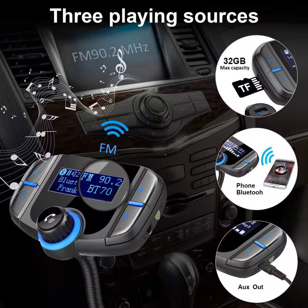 Bluetooth FM Transmitter Wireless Radio Adapter Car Kit with Display Dual USB Po