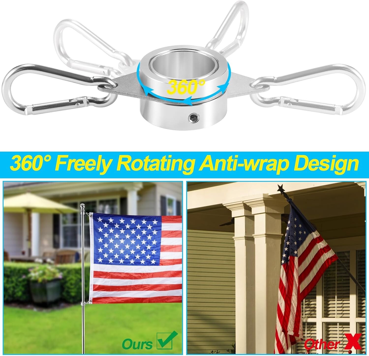 Pack of 2 Aluminum Alloy Flag Pole Rings 360 Degree Rotating Flag Mounting 1"