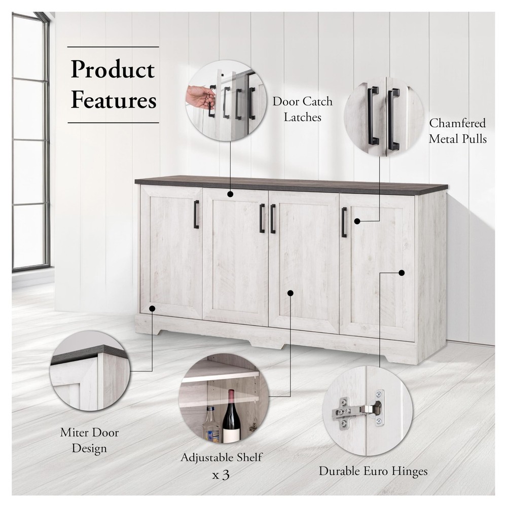Rustic Ridge 4 Door Console Table with Storage, Washed White Storage Cabinet ...