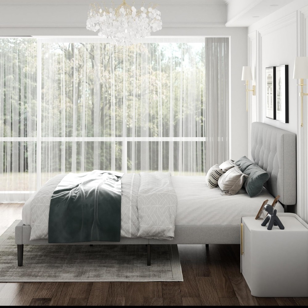 Full Size Platform Bed Frame with Upholstered Headboard, Button Tufted Design...