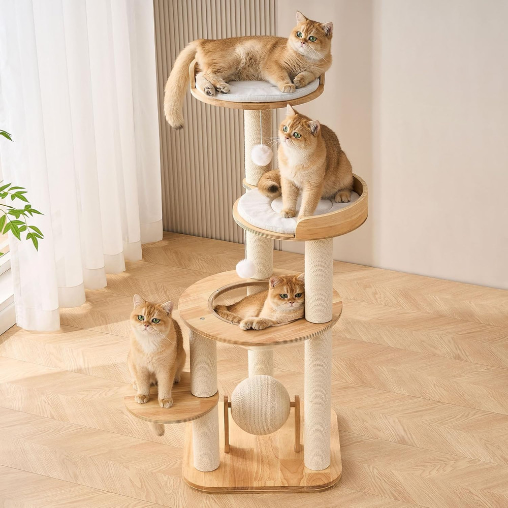 Modern Solid Wood Cat Tree Tower, 49" Tall Cat Tree with Sisal Scratching Posts