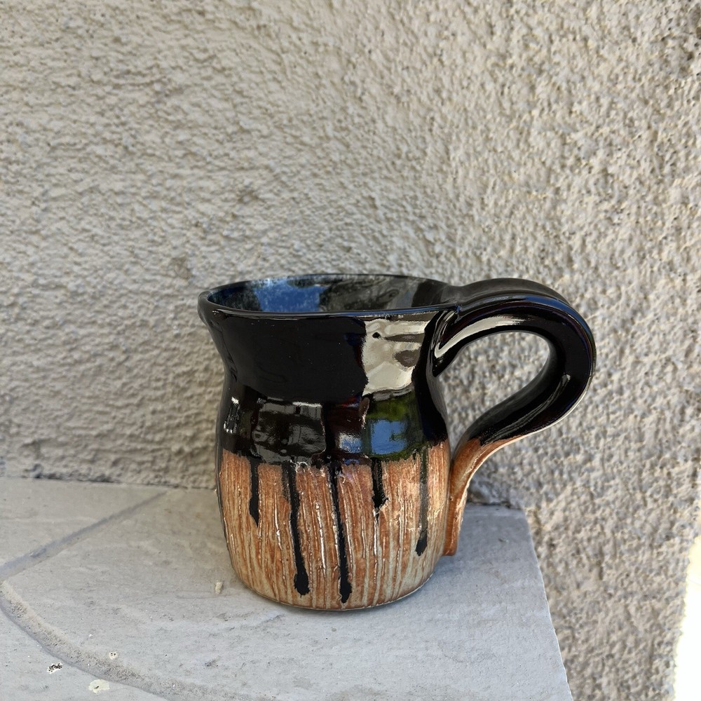 Studio Pottery Mug Cup Black Drip Glaze Green Inside Cup