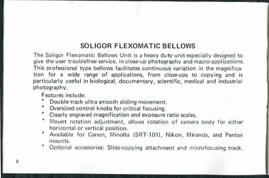 Soligor T-2 Flexomatic InterChangeable Bellows Extension Unit Instruction Manual