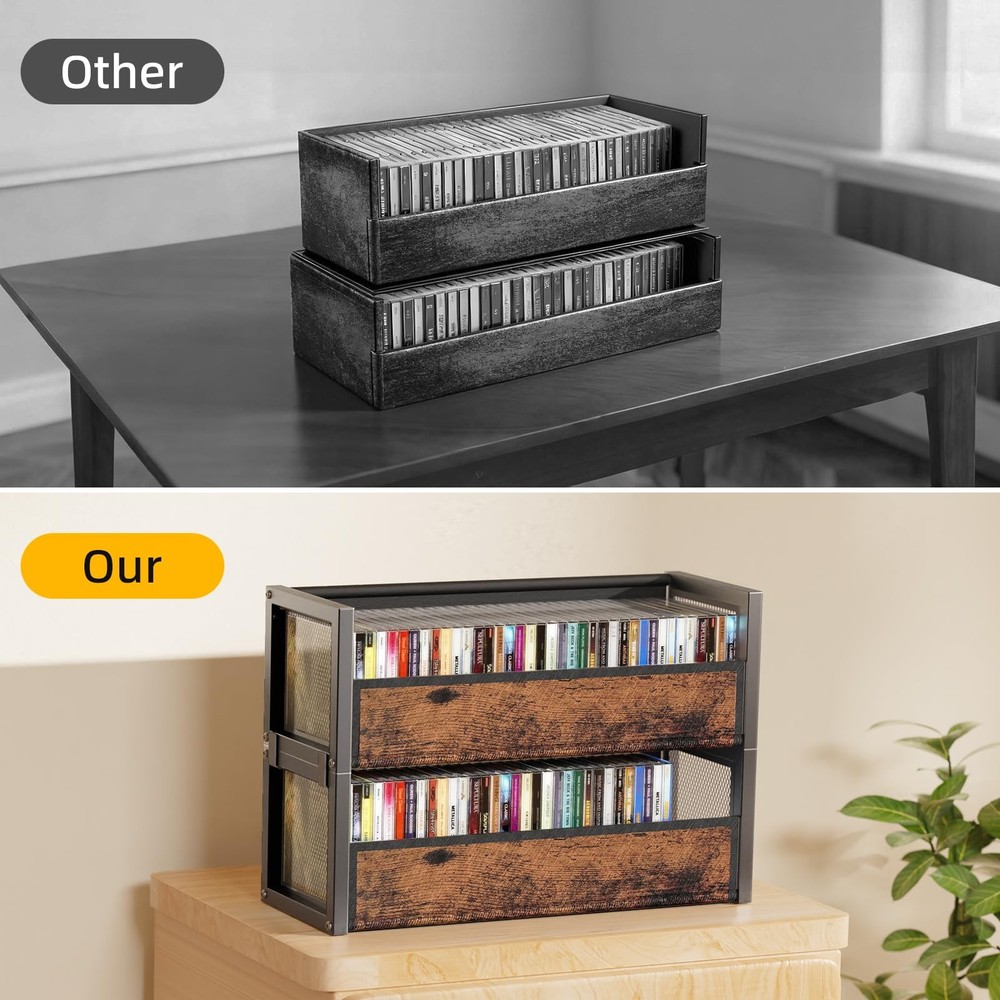 2-Tier CD Holder with Fabric Wood Grain Texture, Stackable CD Storage Case an...