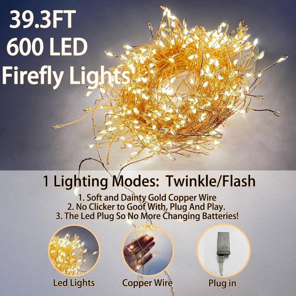 Fairy Lights Plug In 39Ft 600 Led Cluster Lights Waterproof String Light Warm WT