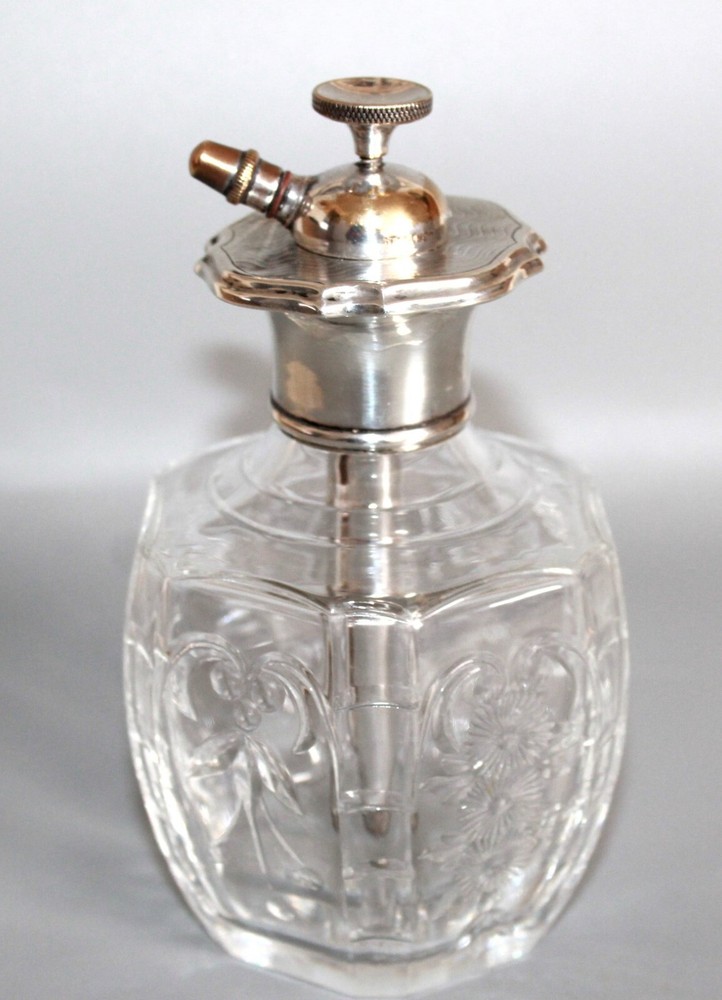 WEBB CORBETT HEXAGONAL CUT CRYSTAL PERFUME ATOMISER BOTTLE WITH SILVER COLLAR