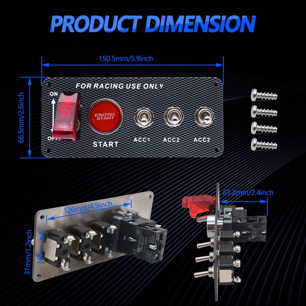 5in1 Ignition Switch Panel Engine Start Push Button Toggle 12V LED Carbon Fiber