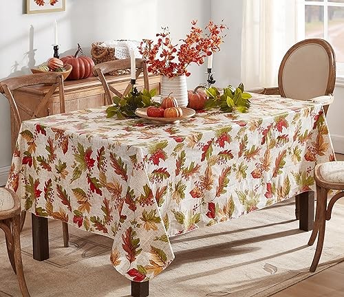 and Leaf Print Autumn Vinyl Flannel 102" x 60" (Rectangular) Rustic Fall Acorn