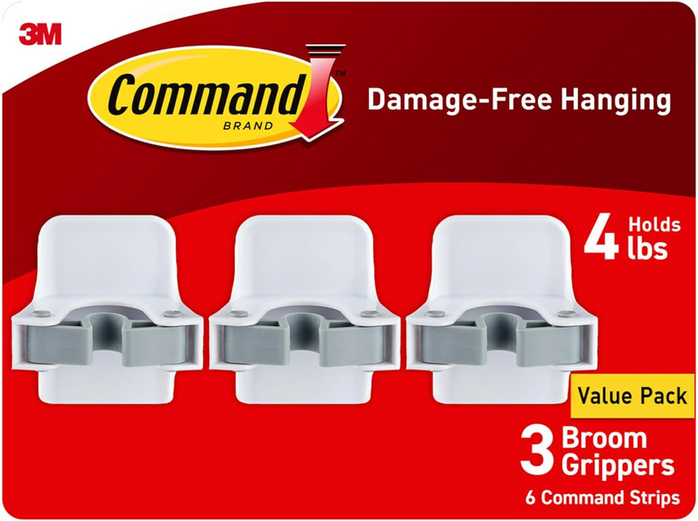 Command Broom and Mop Gripper, 3-Pack for Damage-Free Organization