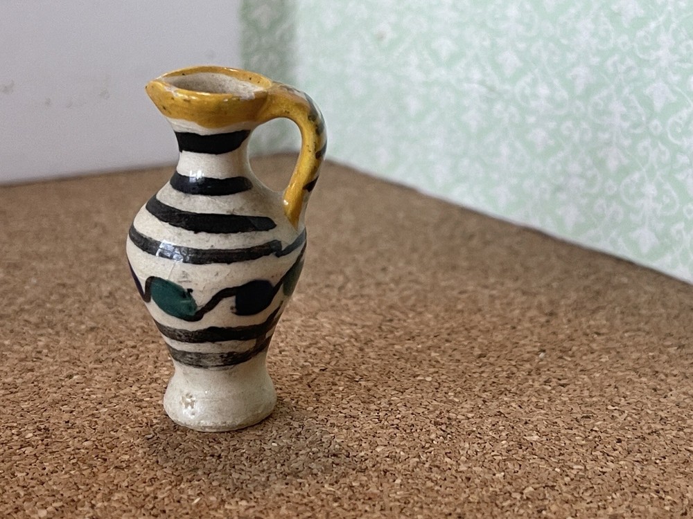 Miniature Ceramic Pitcher  yellow trim with black stripes