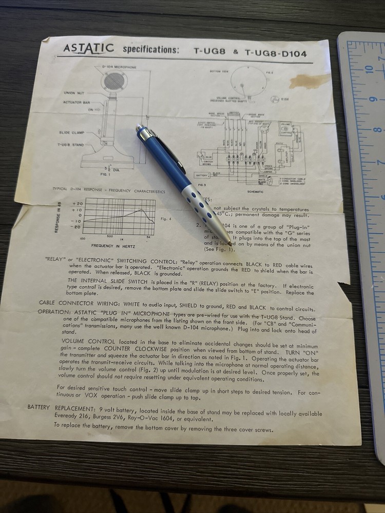Original ASTATIC D104 Microphone SPEC SHEET