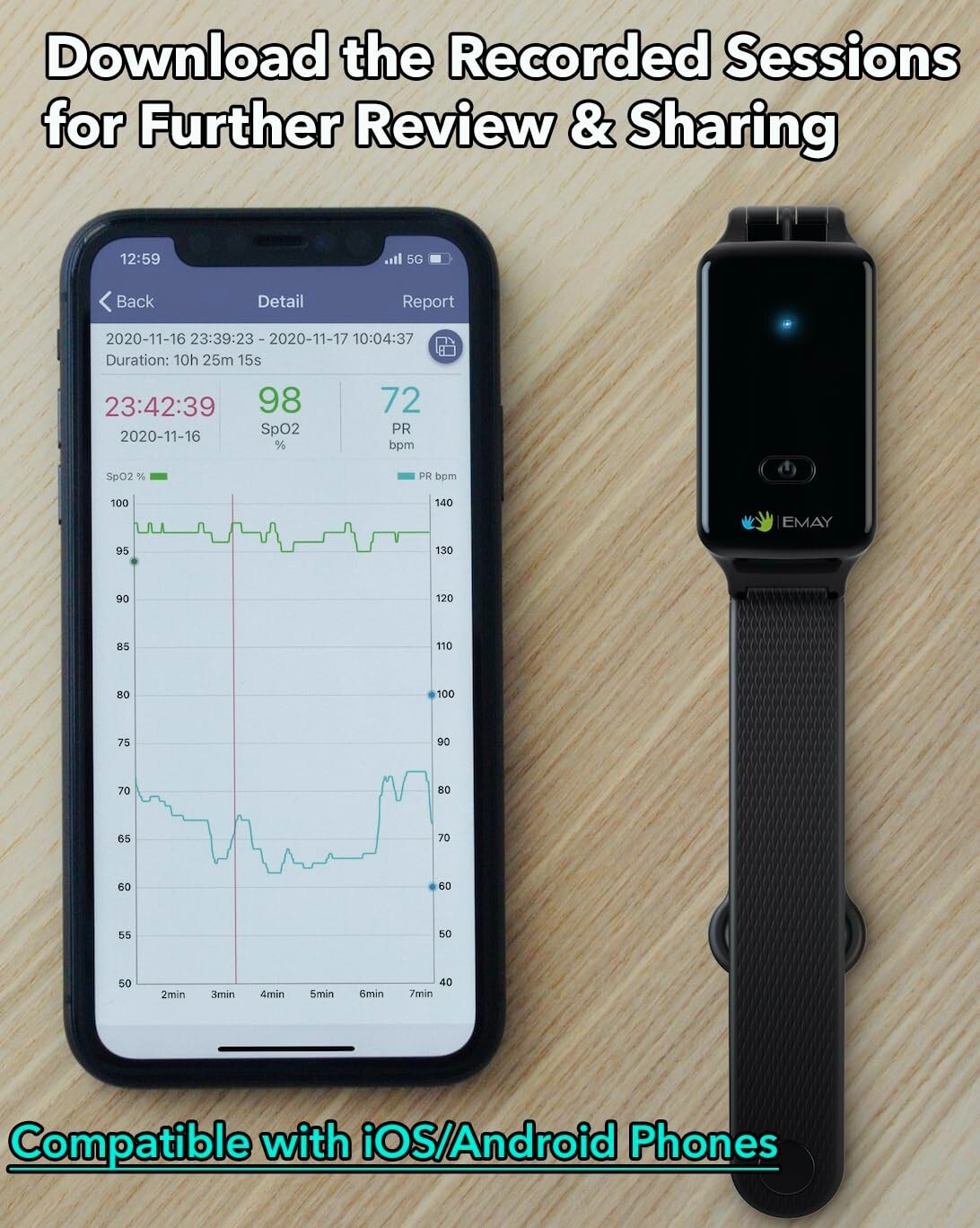 EMAY SleepO2 Wrist Recording Pulse Oximeter Continuous Oxygen Monitor/ Brand New