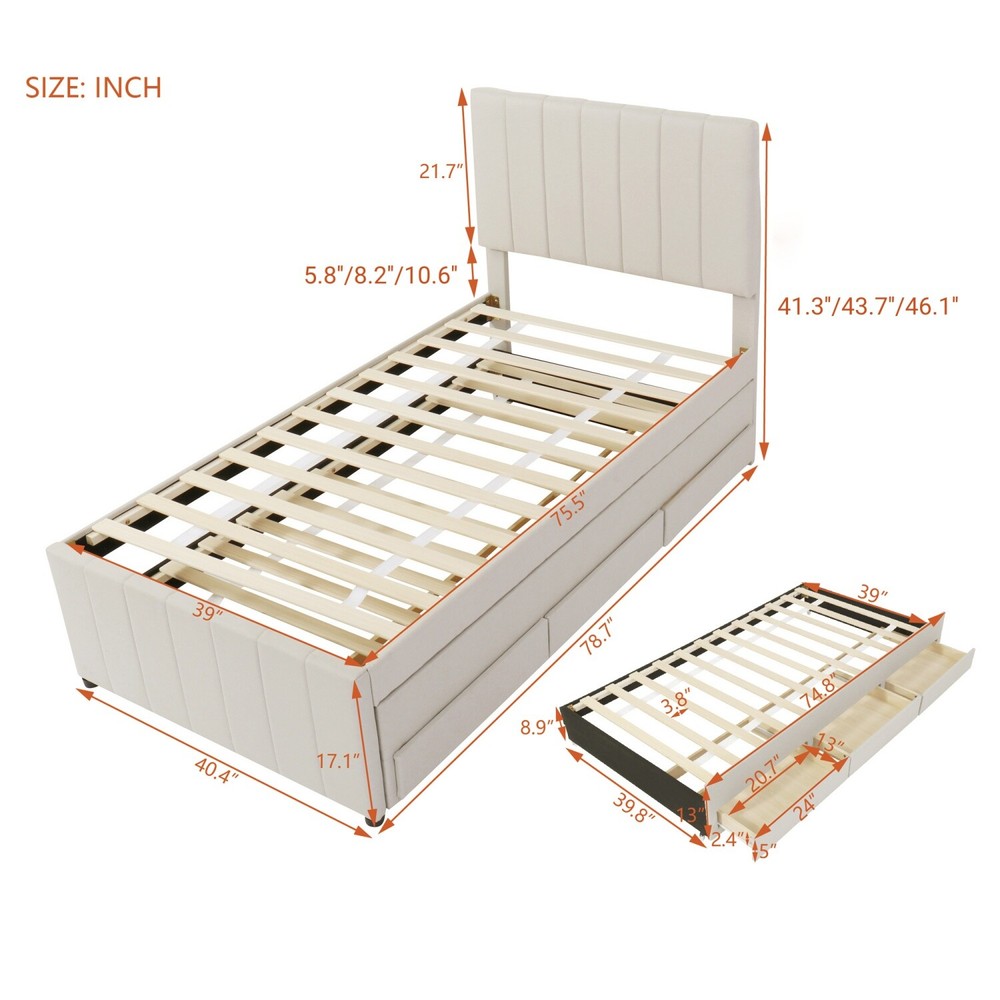 Twin Size Bed Frame Upholstered Platform Bed w/ Pull Out Trundle & 3 Drawers