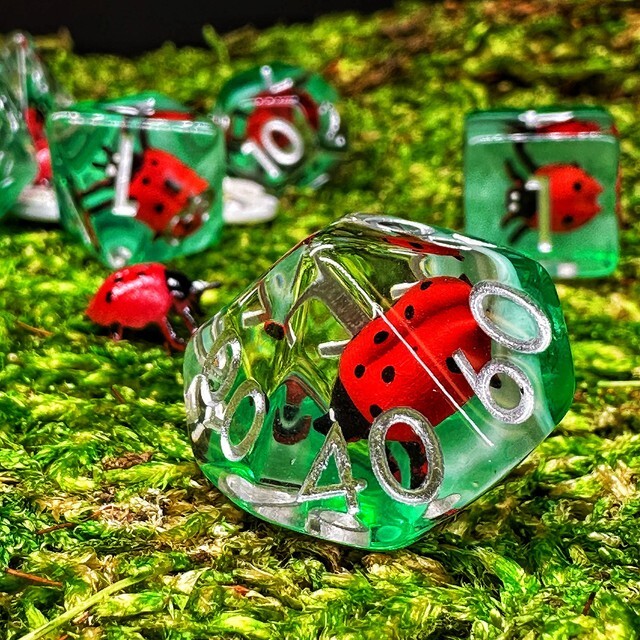 Sage's Red Ladybug Familiar Resin Polyhedral Dice Set