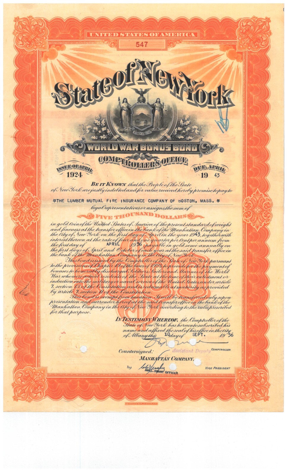 World War Bonus Bond 1936 State of New York $5,000 bond certificate