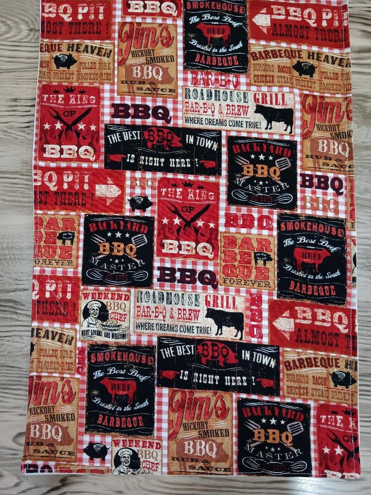 Handmade Reversible Table Runner BBQ Print and Solid Creamy White Choose Size