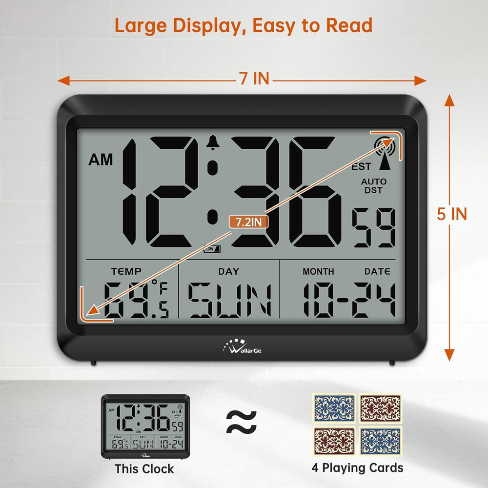 Atomic Digital Wall Clock Battery Operated, Self-Setting, Large Display with Tem