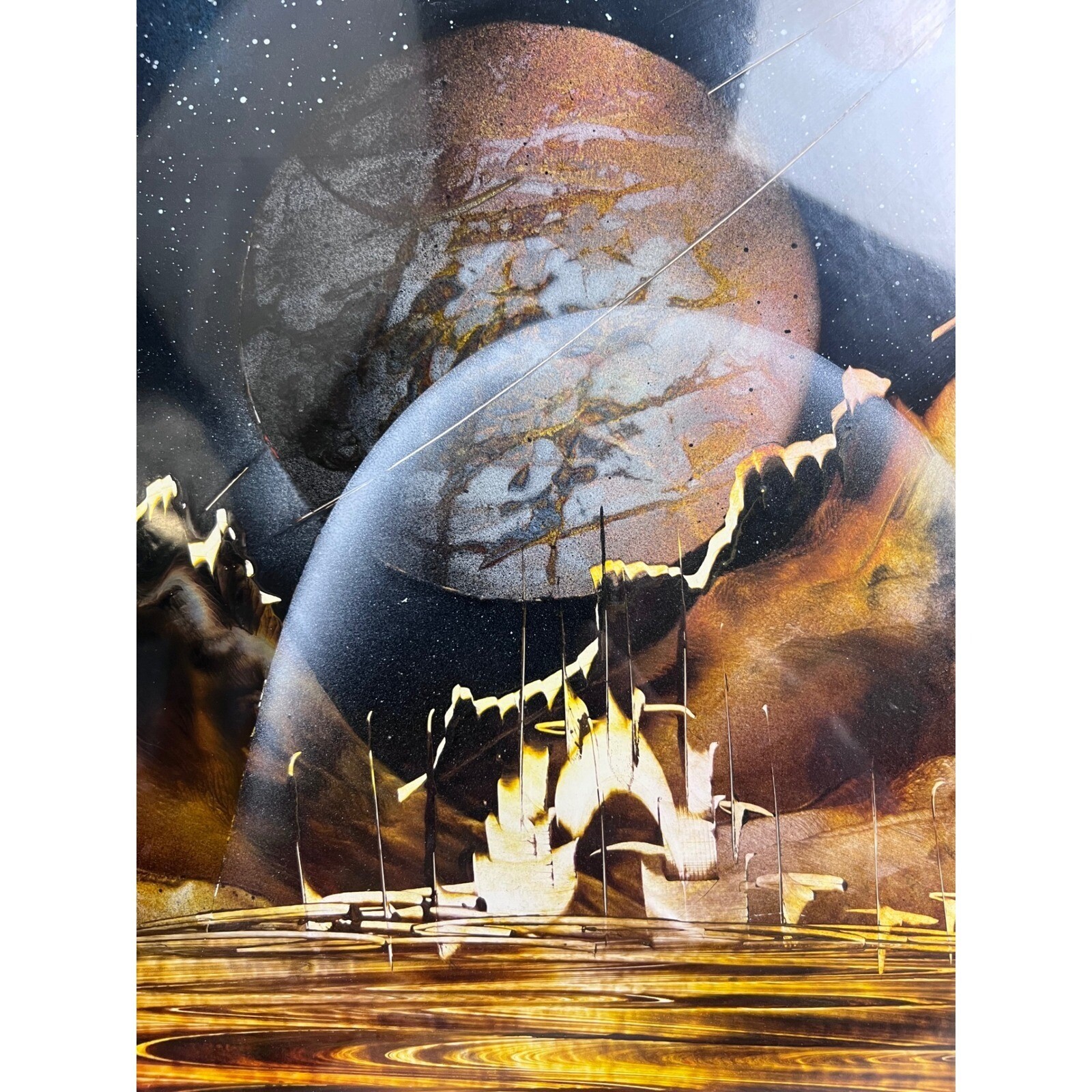 Vintage Fantasy Landscape Planets Sci-Fi Spray Paint Signed Framed Art Painting