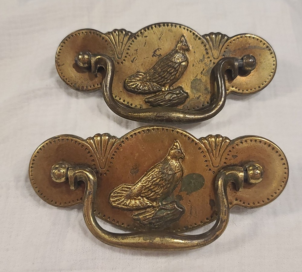 2 Vintage Ornamental Brass Drawer Pulls With Grouse Birds