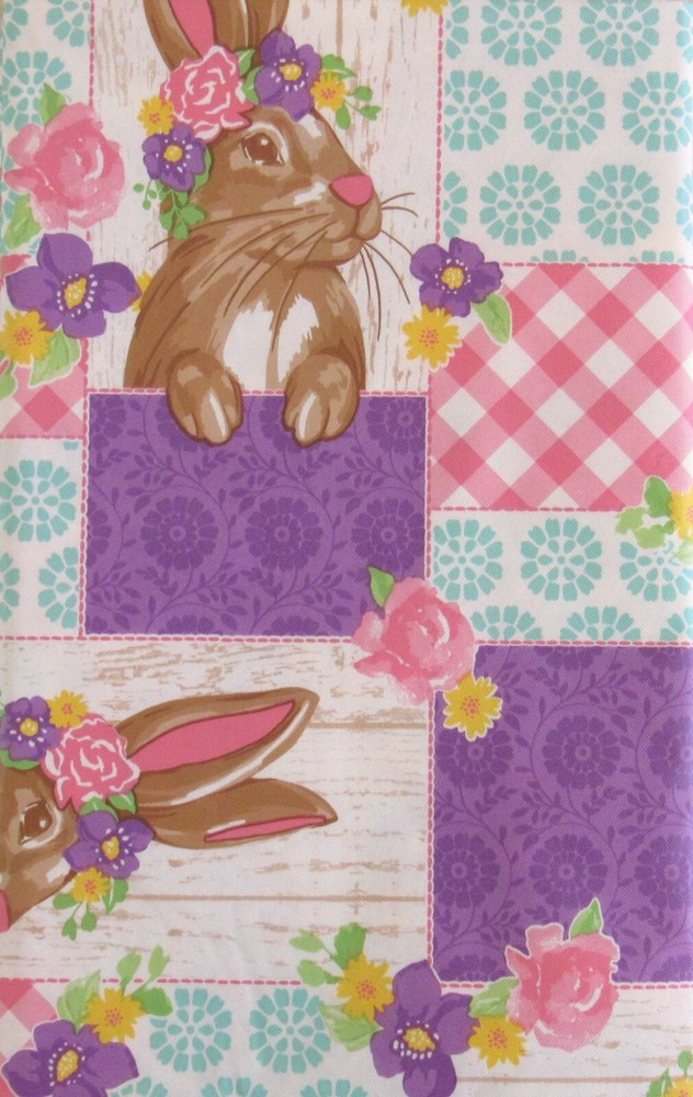 Easter Bunny Floral Patchwork Vinyl Flannel Back Tablecloth Var Size