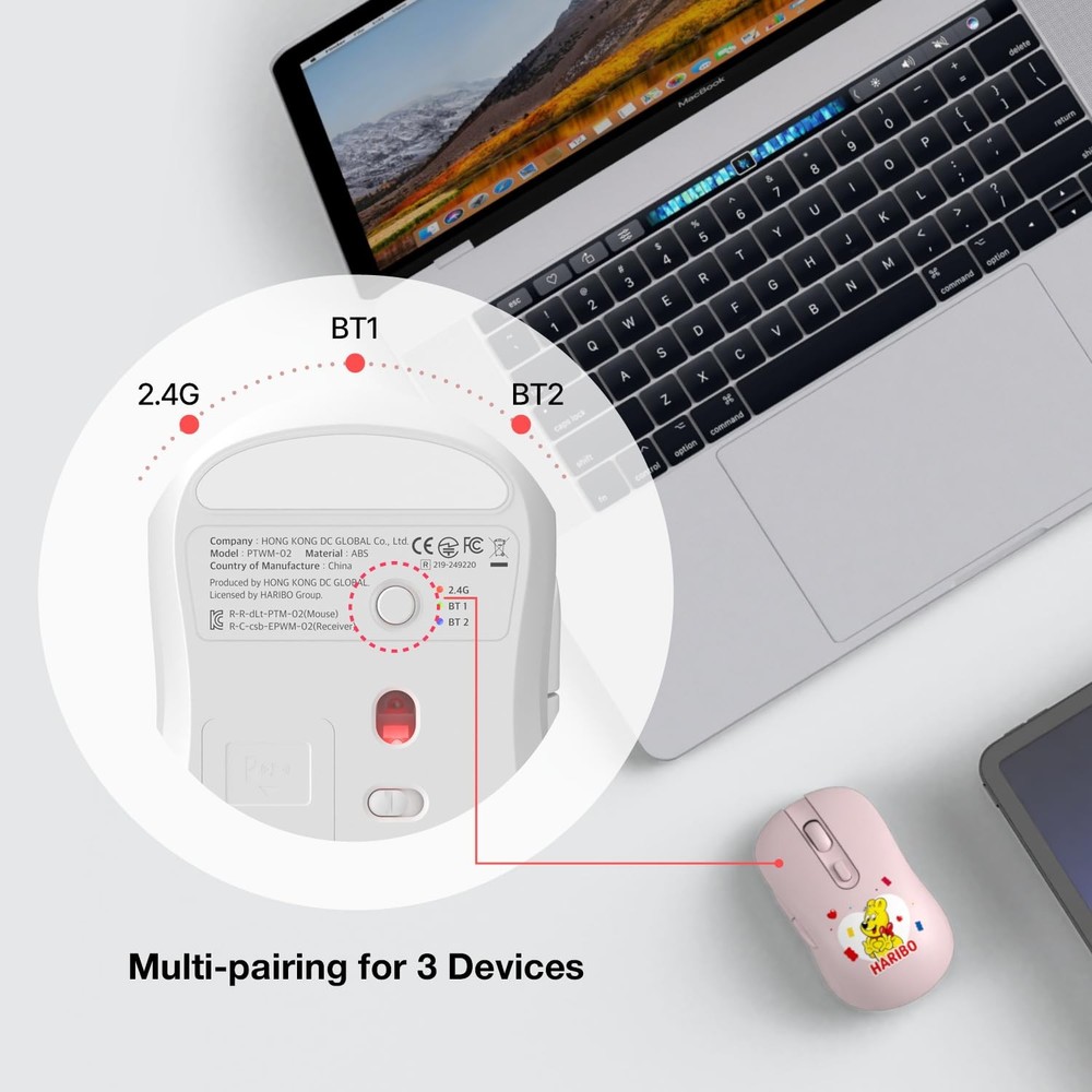 DCHK Haribo Wireless Mouse, Bluetooth 3.0/5.0 & 2.4GHz, Adjustable DPI, White