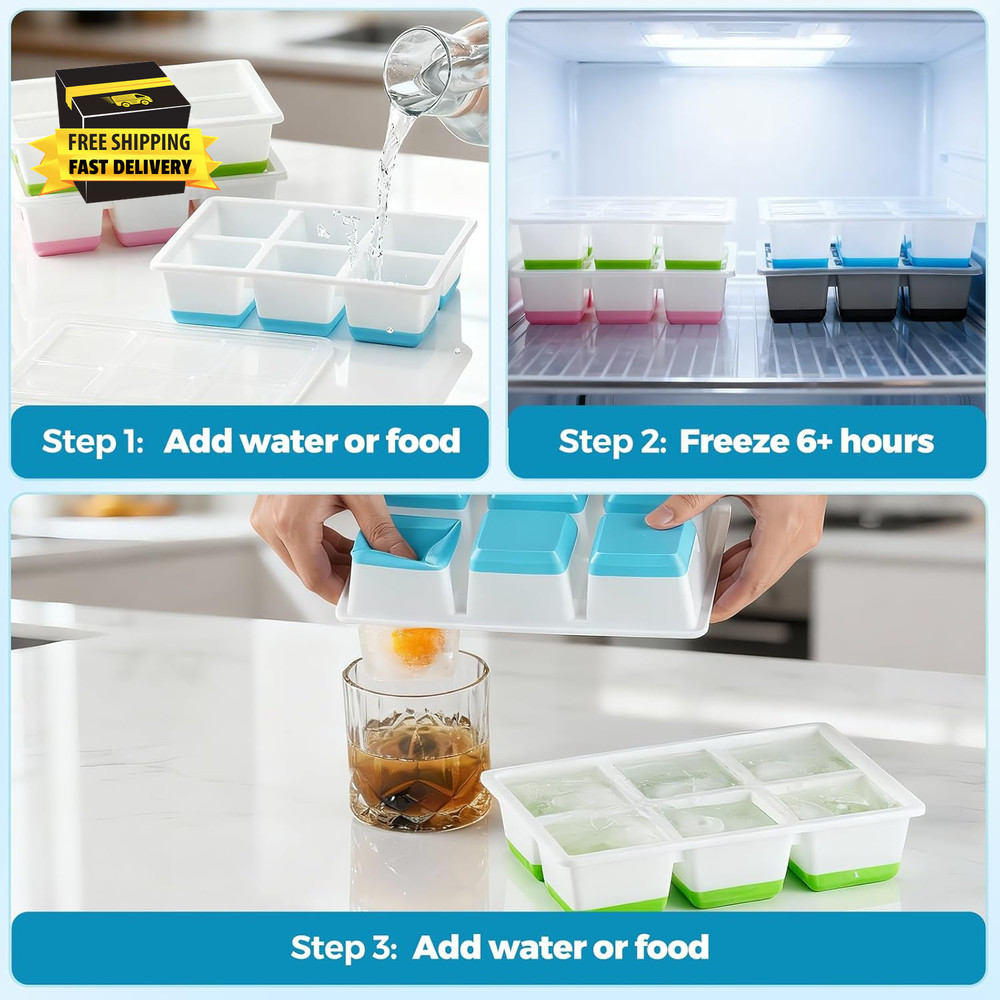 Large Ice Cube Trays 2 Pack, Easy Release 2.4" Big Ice Cubes, Stackable Ice Tray