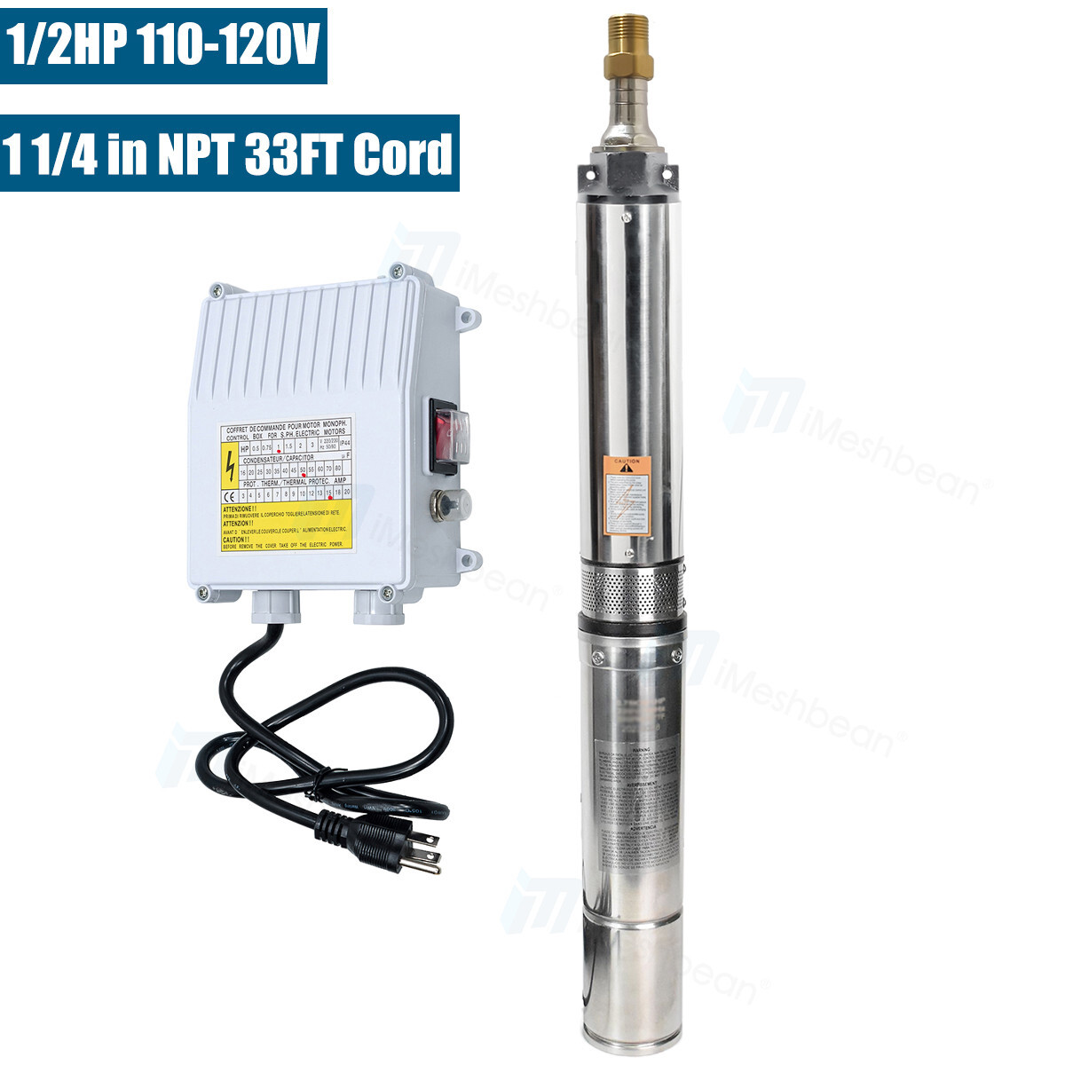 4'' Deep Well Submersible Pump,1/2HP, 110V, 25GPM, 150FT Hmax w/Control Box