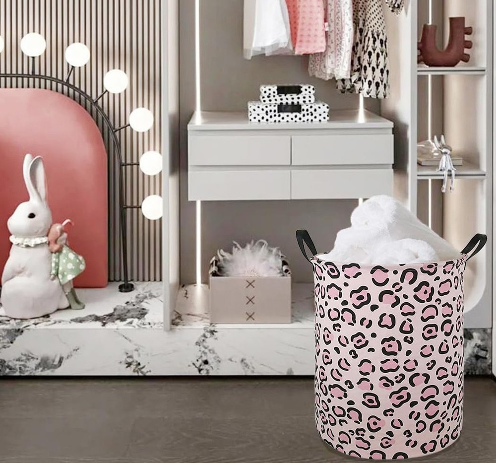 Round Leopard PatternLaundry Hamper Storage Basket Fabric Material Storage Ha...