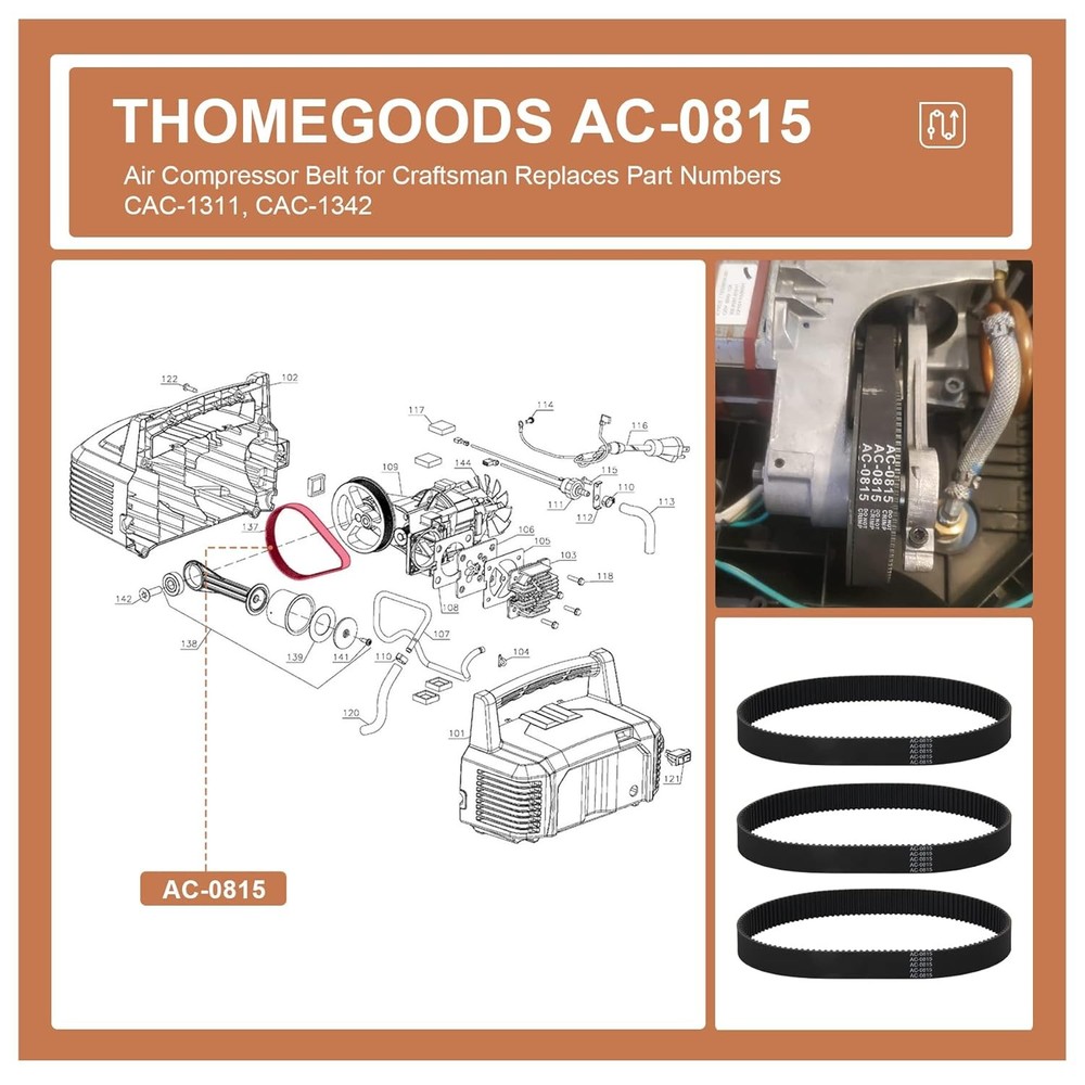 3 Pack AC-0815 Air Compressor Belt for Devilbiss Porter Cable Sear...