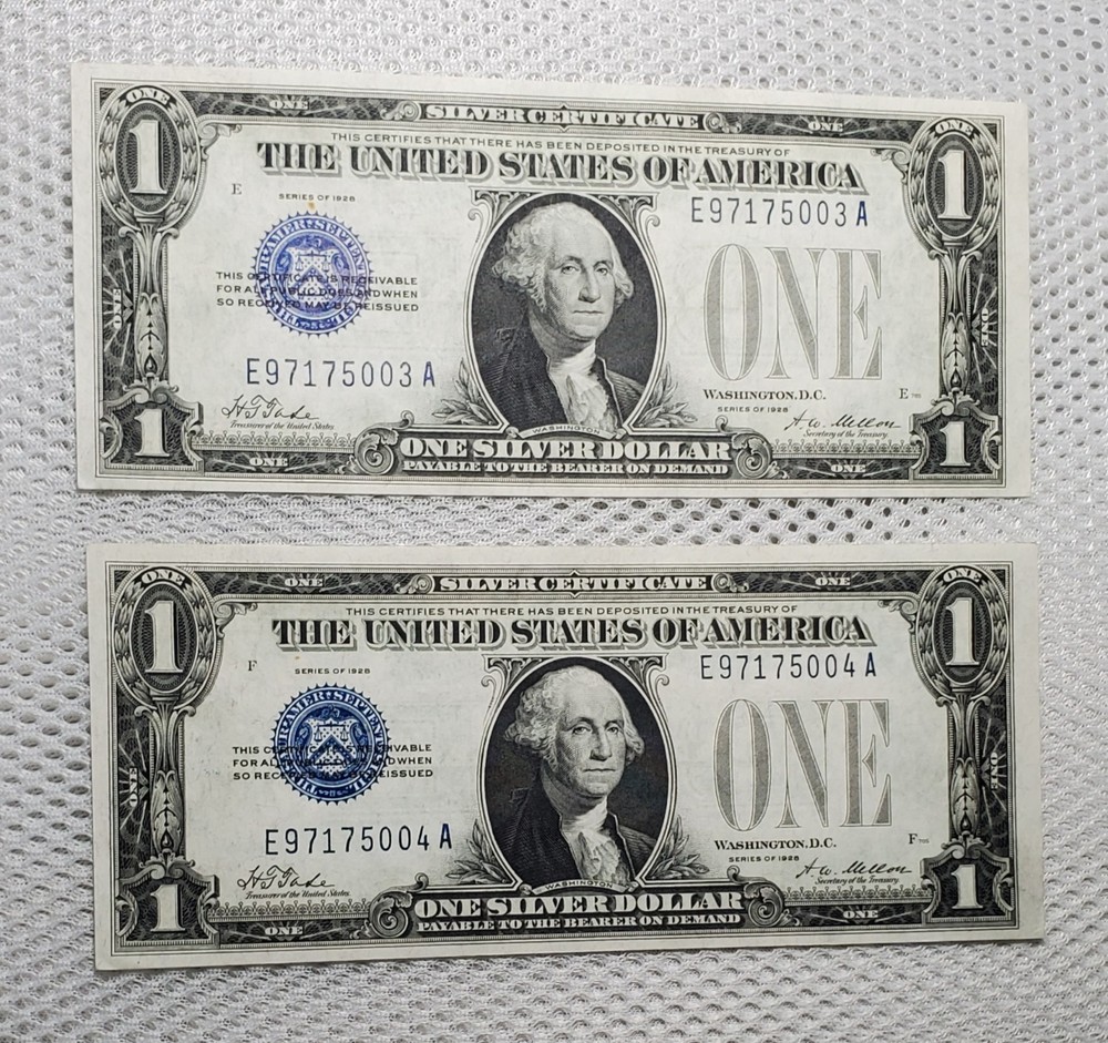 1928 $1 Silver Certificate Funny Back Consecutive Set Plain Series AU+/UNC Nice