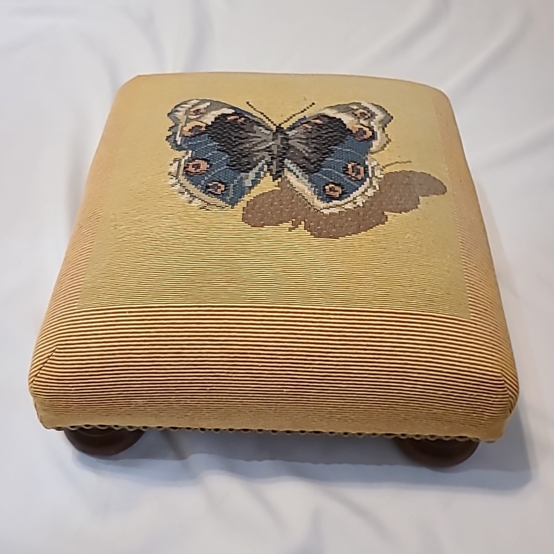 Vintage needlepoint butterfly footstool 13" x 13" x 5" Wooden Feet