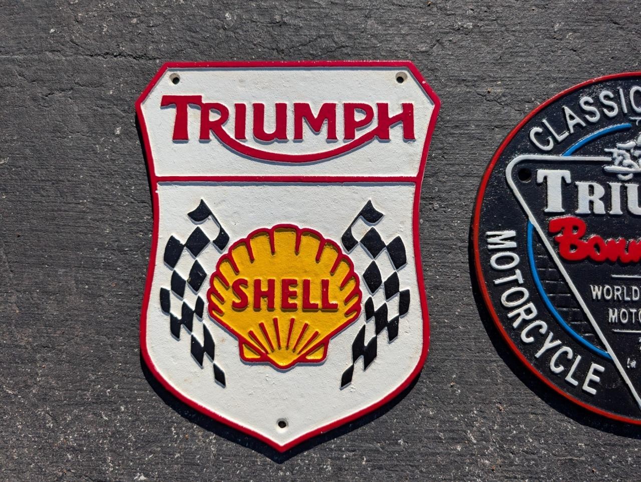 2 CAST IRON TRIUMPH MOTORCYCLE SIGNS CLASSIC BRITISH & SHELL