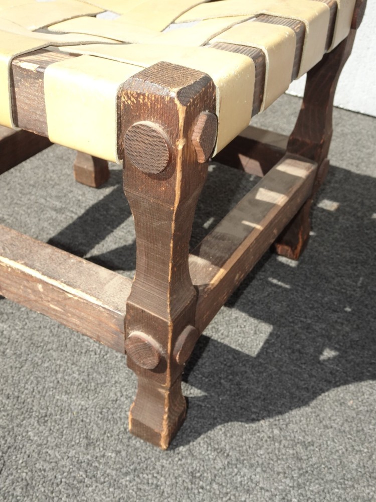 Vintage Rustic Spanish Style Stool Bench with Leather Straps