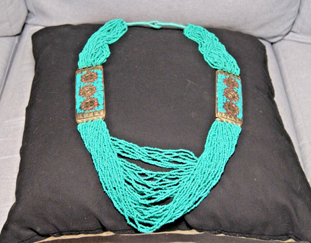 Boho Chic Necklace Set Turquoise Silver Plated with Multi Strand Beads