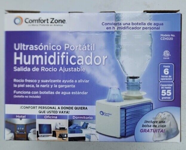 Comfort Zone Humidifier Ultrasonic Portable Travel Compact Add Water Bottle