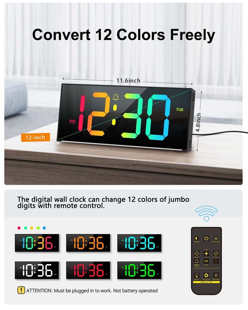 Large Digital Wall Clock 12", Digital Clock with Full Screen Display, 12 RGB ...