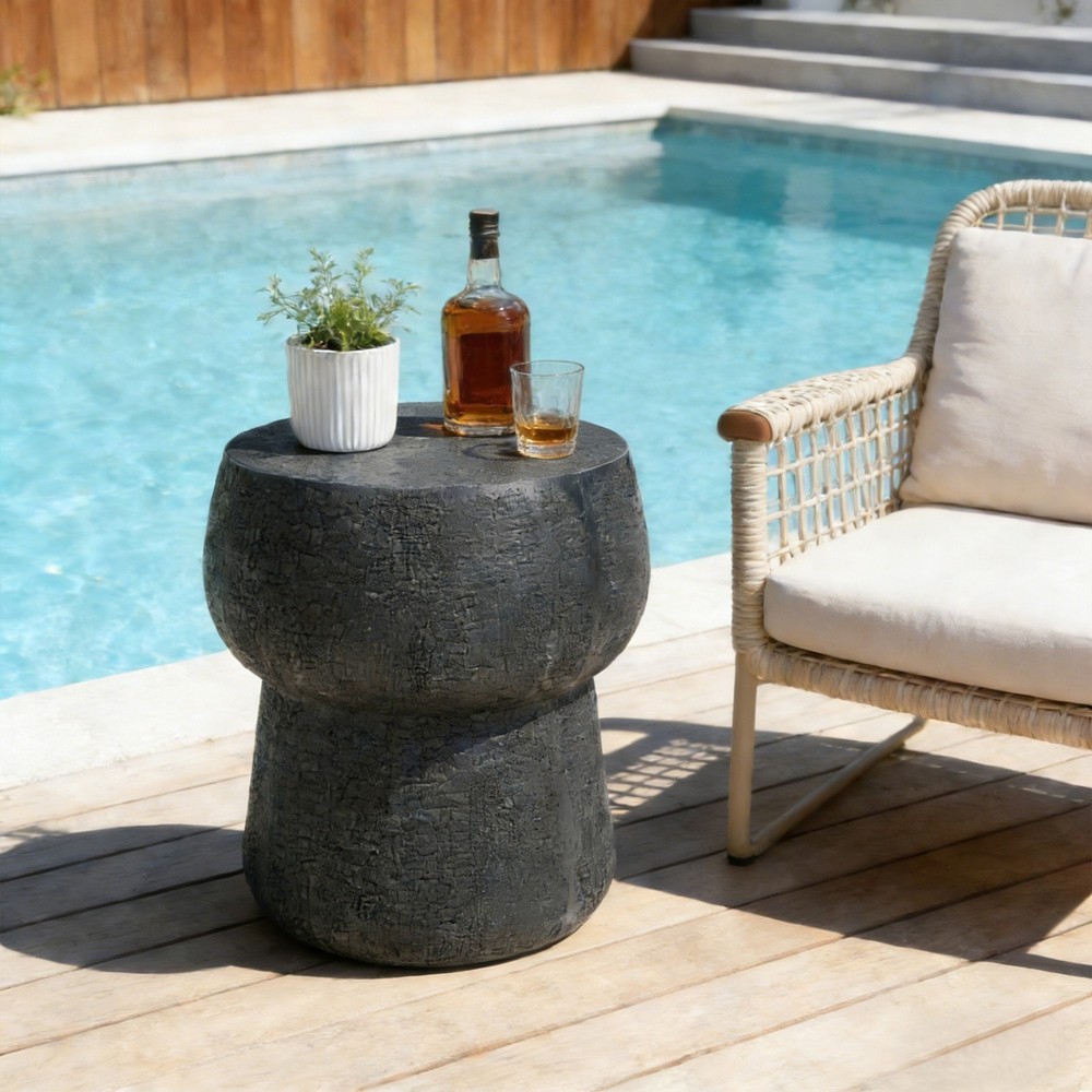 Double Barrel Concrete Coffee Table, Crackle Texture Outdoor Accent Table
