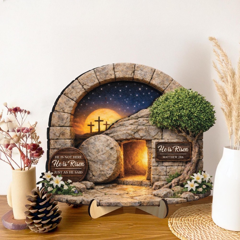 He Is Risen Easter Wooden Frame, Empty Tomb Christian Decor Gift Sign