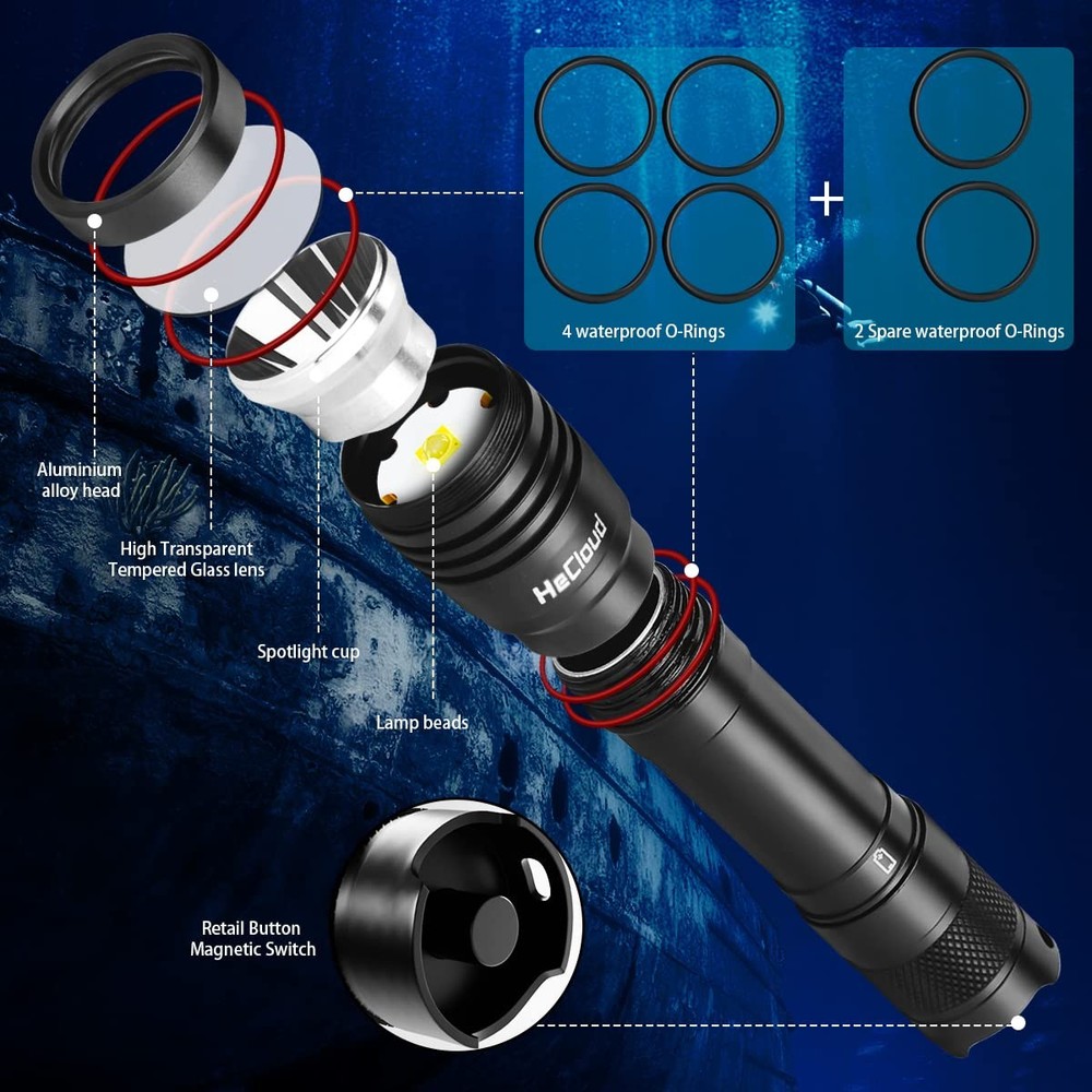HECLOUD 3000LM Rechargeable Scuba Diving Flashlight Dive Light IPX8