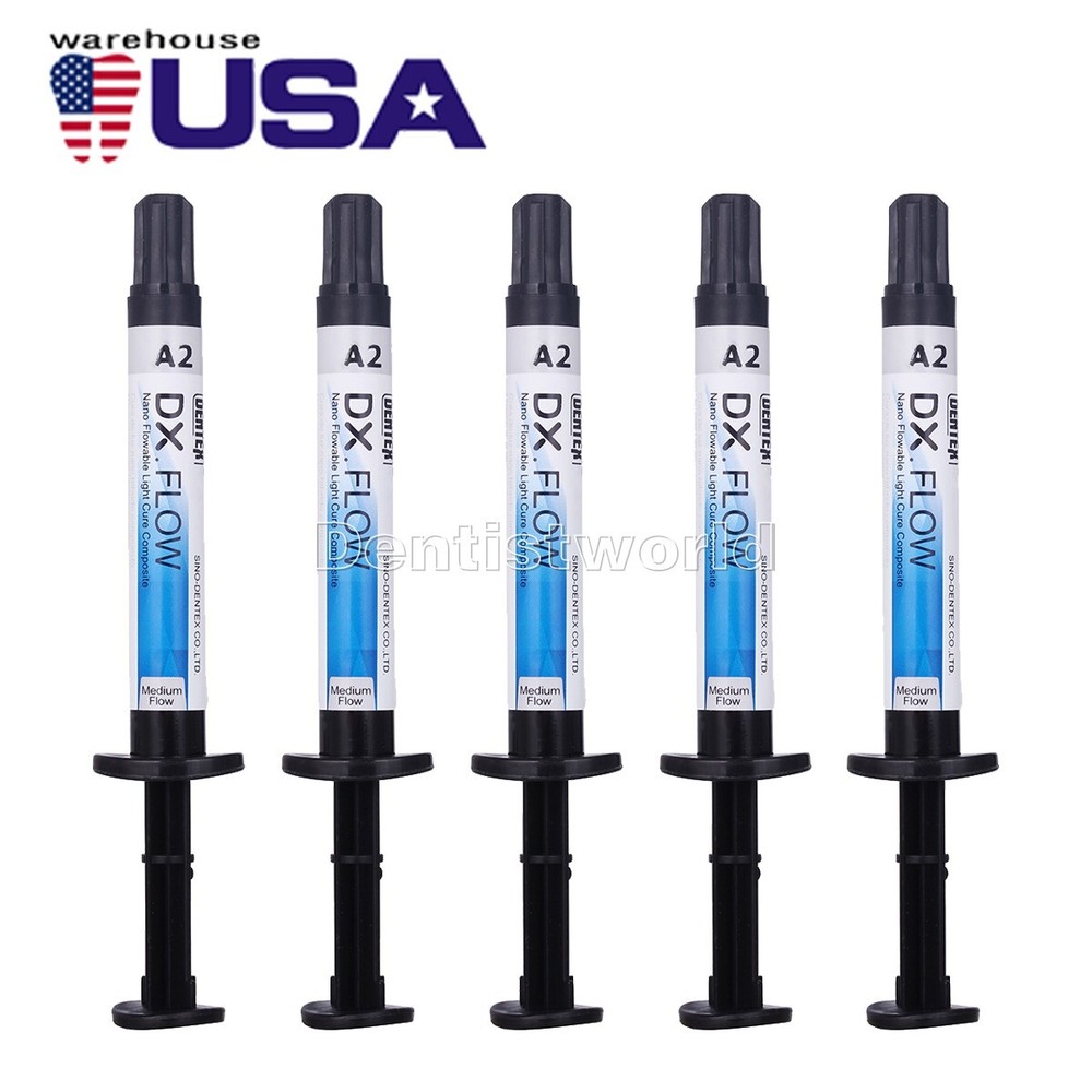 5Pcs DENTEX Dental Flowable Medium Composite Resin Light Curing Shade A2 Syringe