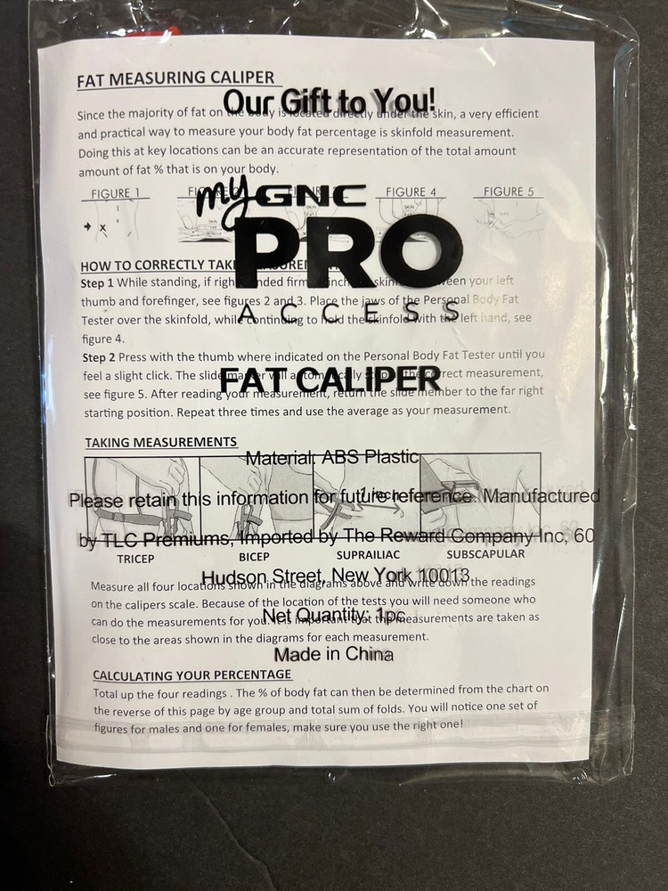 Fat Caliper-My GNC PRO Access-ABS Plastic W/Calculations and Instruction Guide