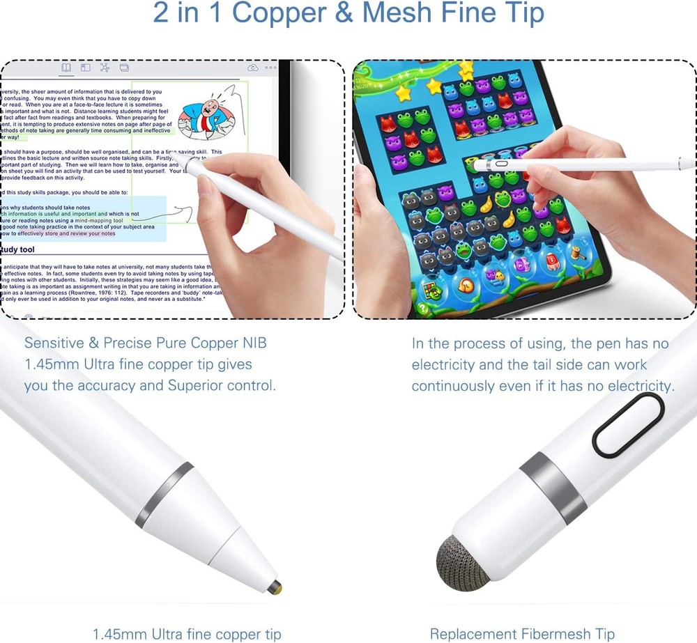 Active Stylus Pen Compatible for iOS&Android Touch Screens, Pencil with White