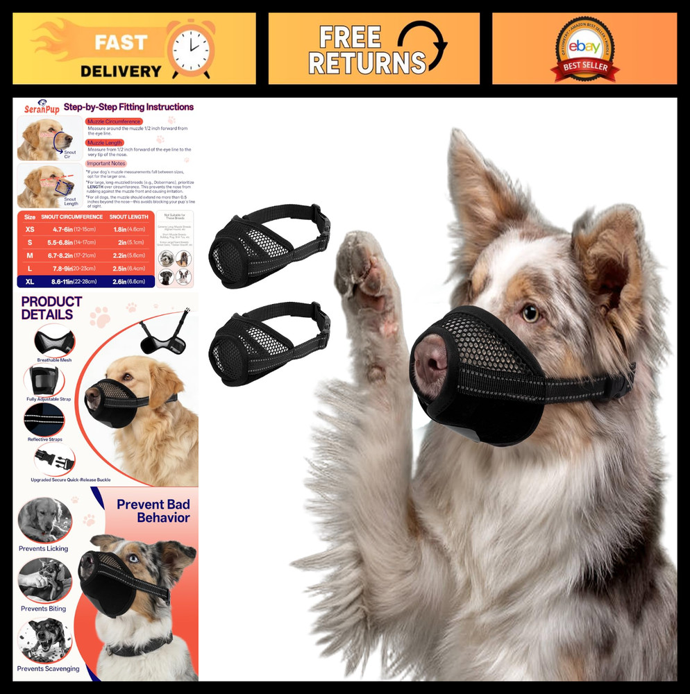 2 Pack Adjustable Dog Muzzle for Large Dogs - Breathable Soft Mesh, Anti-Biting,